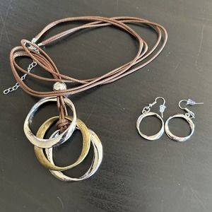 Necklace Earring Fashion Set 15" inch Brown Cord Adjustable Silver / Gold